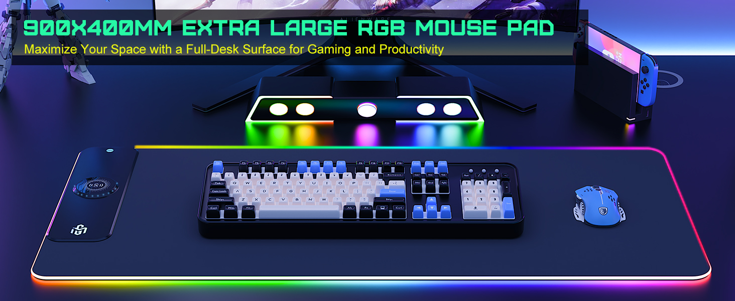 Ігровий килимок для миші RGB з бездротовою зарядкою Qi 15W, 800x350x4мм, 10 режимів підсвічування, швидка зарядка 10W для iPhone та навушників, водонепроникний, протиковзаючий (Чорний-Max)