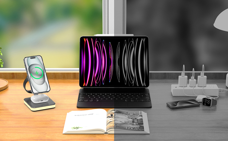 Бездротовий зарядний пристрій 4-в-1 з підсвічуванням та USB-портом для Apple iPhone, iWatch, AirPods (Чорний)