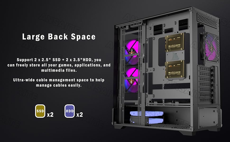 Ігровий корпус для ПК ANSAITE ATX Mid-Tower, 6 ARGB PWM вентиляторів, панорамне загартоване скло, USB Type-C, підтримка радіатора 360мм, чорний/фіолетовий