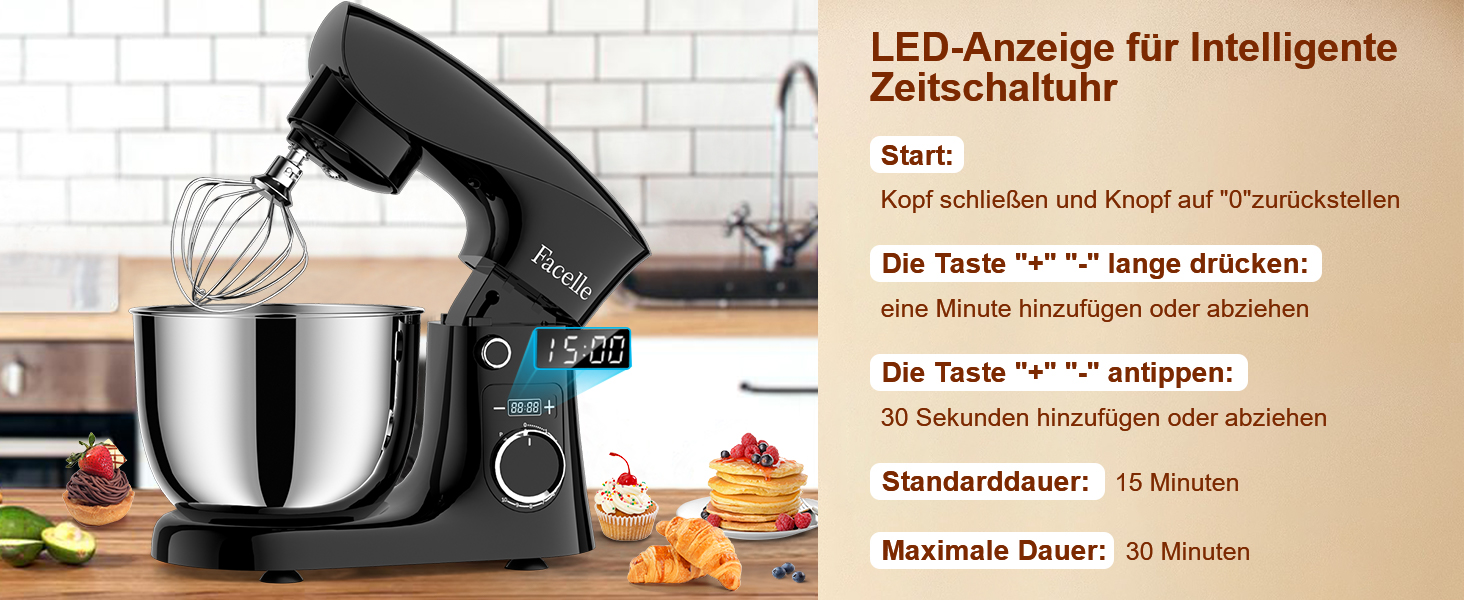 Кухонна машина-міксер Facelle 1500W з чашею 5.5л/4.5л, 10+ програм, чорний