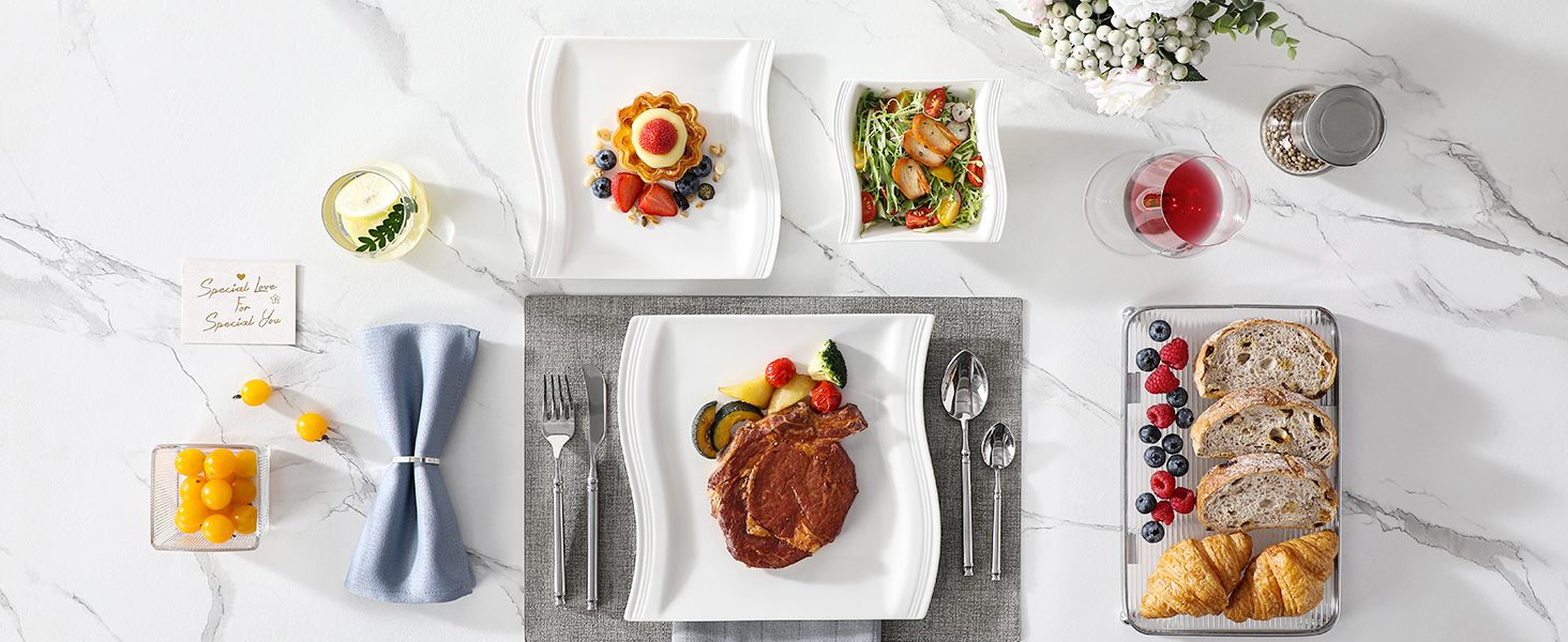 MALACASA Flora Marble Porcelain Dinnerware Set - 30 Piece Combination Set with Coffee Cups, Saucers, Dessert Plates, Soup Plates & Dinner Plates (White)