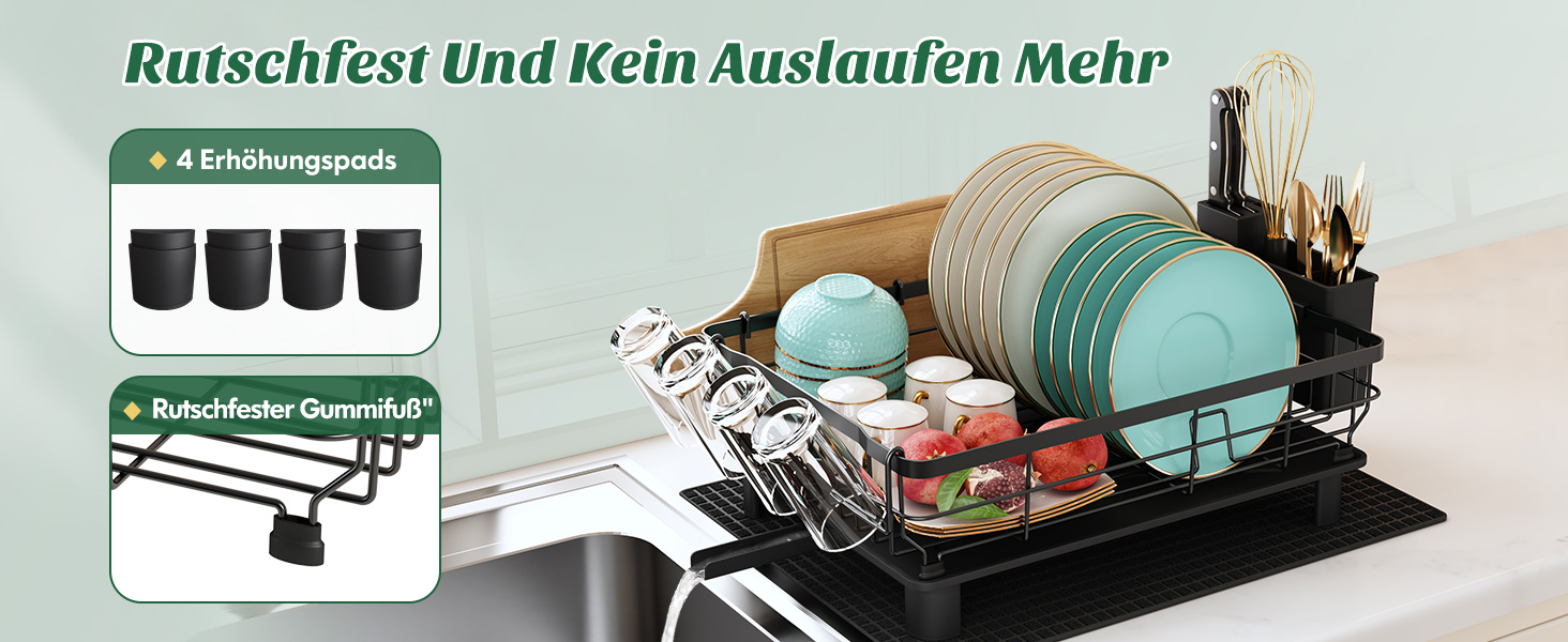 Сушарка для посуду MAJALiS з піддоном та килимком, 2-рівнева, з тримачем для столових приборів, поворотним виливом, чорна