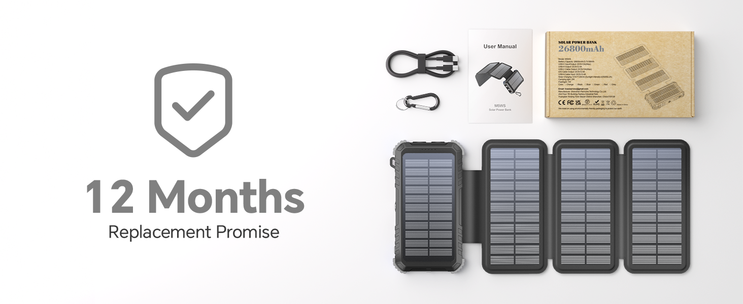 Сонячний Power Bank 26800mAh з 5 виходами USB та USB-C, водонепроникний, з ліхтариком та карабіном, для кемпінгу та зарядки телефонів/планшетів (сірий)