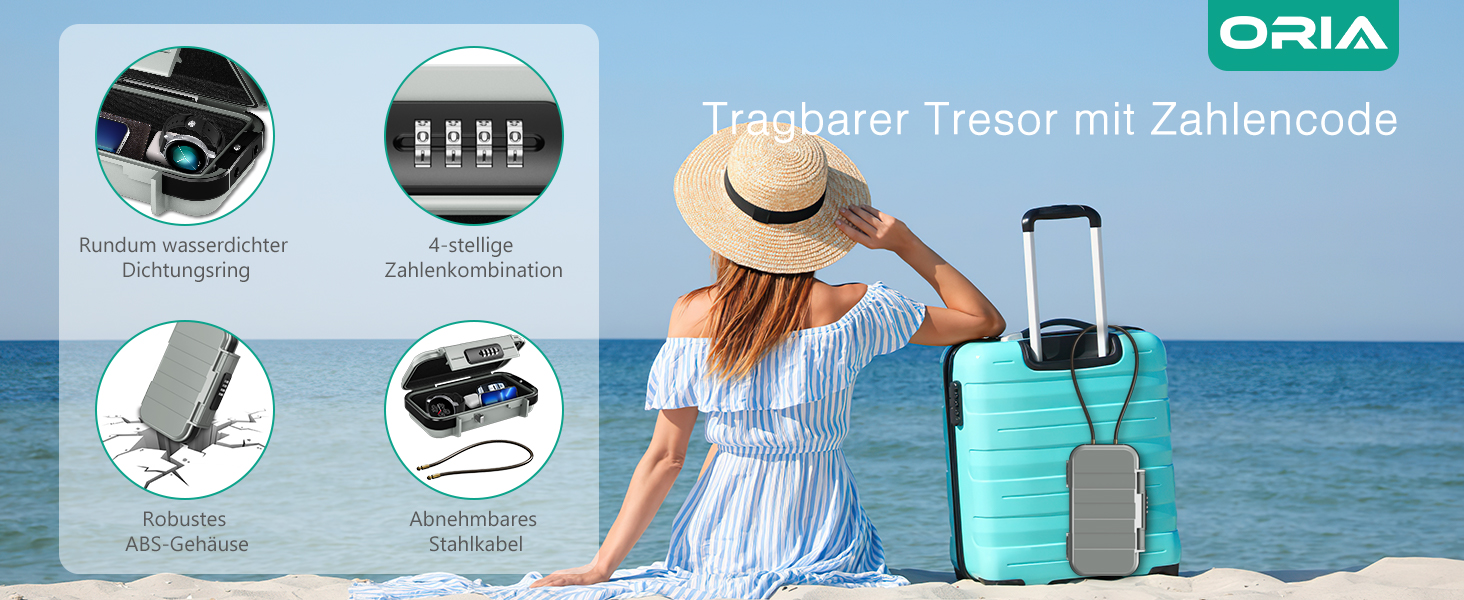 Сейф ORIA портативний з кодовим замком, водонепроникний, для відпочинку, подорожей, офісу (сірий)