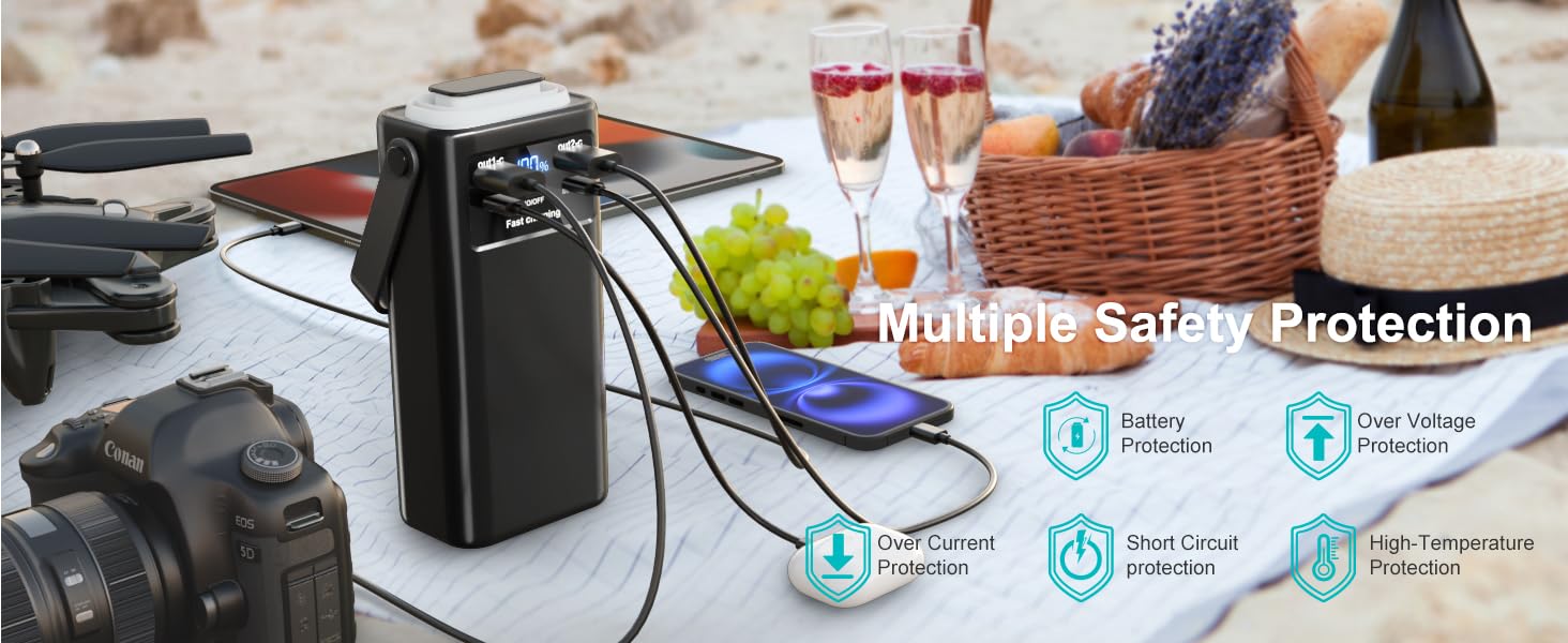 Power Bank 50000mAh з кабелем, швидка зарядка USB-C PD20W/QC22.5W, LED-індикатор, 2 входи/5 виходів, для телефонів, планшетів, подорожей, кемпінгу - Чорний
