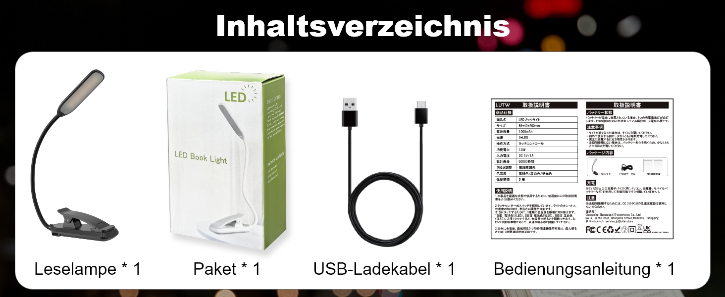 LED лампа для читання з кліпсою, USB перезарядна, 3 режими температури кольору, регульована яскравість, 360° гнучкий світильник для ліжка, столу та подорожей, білий (чорний)