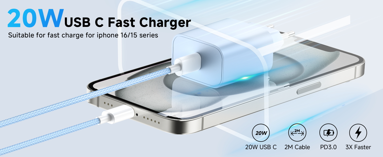 Зарядний пристрій USB-C 20W для iPhone 17/16/15 Pro/Plus, кабель Type-C 2м, PD3.0 - блакитний