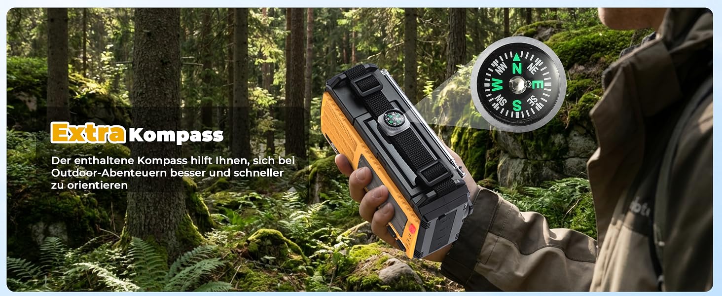 Радіоприймач Esky Kurbelradio з сонячною батареєю, 10000mAh, AM/FM, USB-зарядка, LED-ліхтарик, SOS-сигнал, компас, для кемпінгу та надзвичайних ситуацій, жовтий