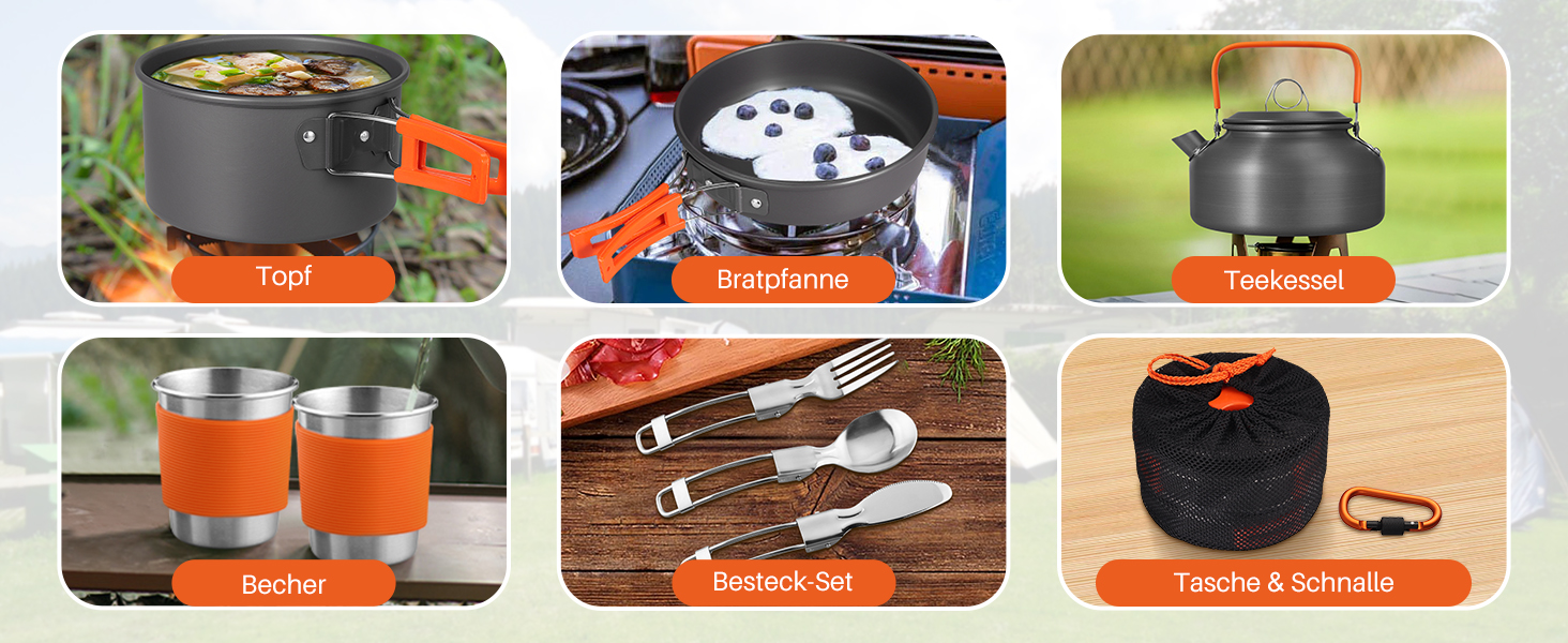 Набір посуду для кемпінгу Funykich 17 предметів: каструлі, сковорідки, чашки, столові прибори. Підходить для 2 осіб, пікніків, походів.