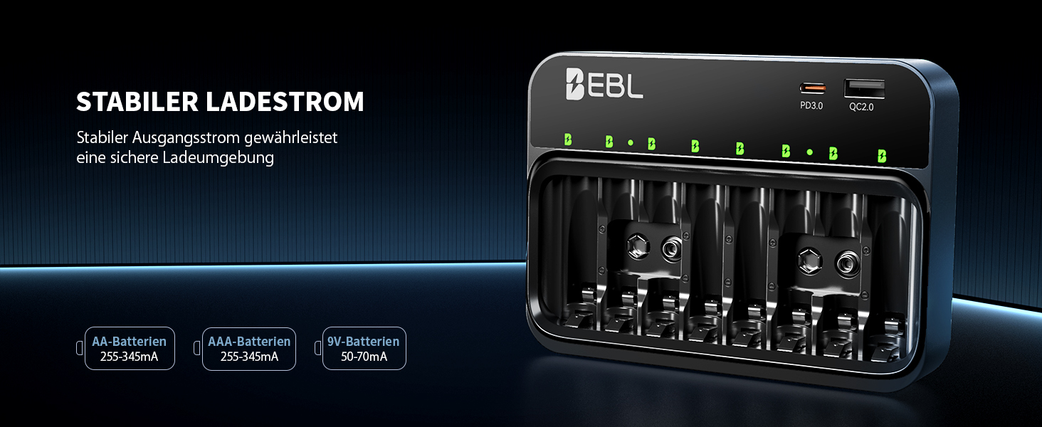 Зарядний пристрій EBL для акумуляторів AA, AAA, 9V, сумісний з NI-MH, USB-C PD3.0 та Micro USB, швидка зарядка