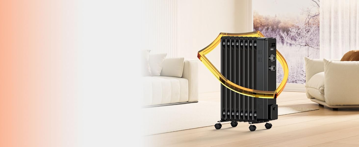 Масляний радіатор VonHaus 2000W з 9 ребрами, електричний, портативний, з термостатом, 3 режими нагріву, 4 колеса, 1.5м кабель (білий/чорний)