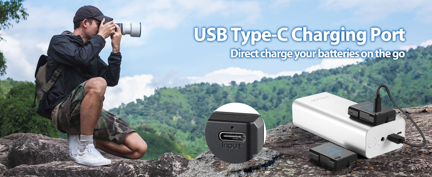 Зарядний пристрій ENEGON EN-EL14 20W з подвійним акумулятором, швидка зарядка, сумісний з Nikon D3100, D3200, D3300, D3400, D3500, D5100, D5200, D5300, D5500, D5600, Coolpix P7000, P7100, DF, LCD-дисплей, 2 USB-C для прямої зарядки камер