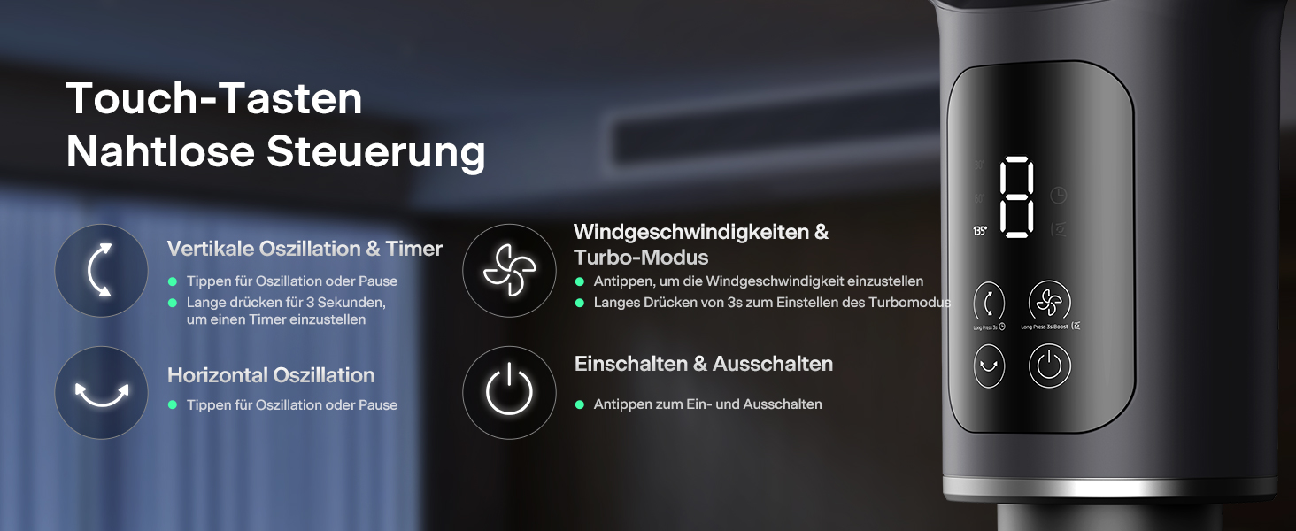 Вентилятор PELONIS з пультом керування: тихий, 9 швидкостей, таймер 9 годин, регульована висота, осциляція 135°/100°, енергозберігаючий для спальні/вітальні
