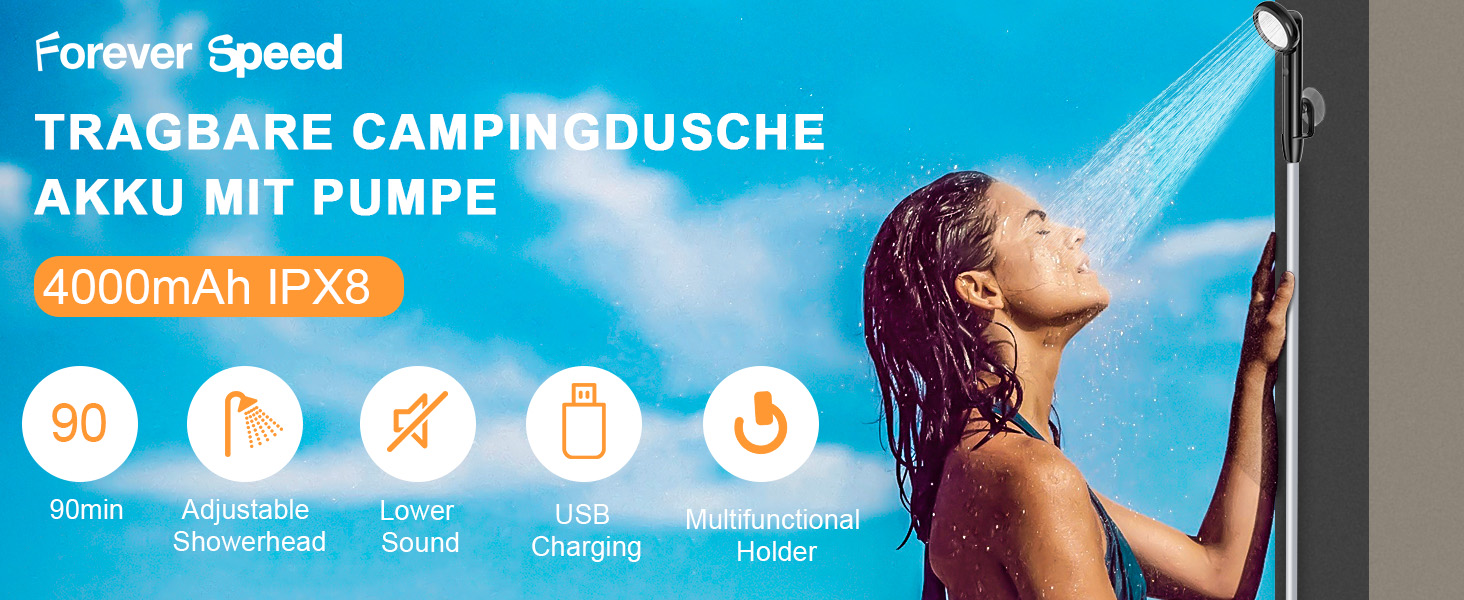 Портативна кемпінгова душова кабіна Forever Speed з акумулятором та шлангом 2м. Підходить для відпочинку на природі, миття авто, пляжу та подорожей.