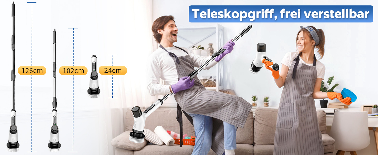 Електрична щітка для прибирання з акумулятором 3000mAh, 7 насадок, регульована ручка, IPX7 водонепроникність, 2 швидкості, для ванної кімнати та плитки, кремово-білий колір (Коричнева Хмара)