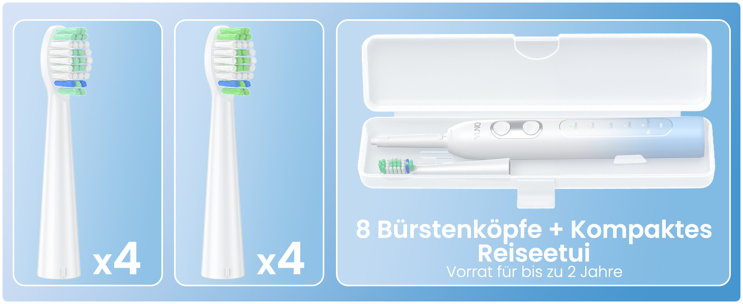 Електрична зубна щітка YUNCHI C2 з 40000 VPM, звукова щітка для дорослих, USB-C зарядка, 55 днів роботи від акумулятора, 5 режимів чищення, таймер 2 хвилини, 8 насадок, дорожній футляр, чорний (C2 небесно-блакитний та білий)