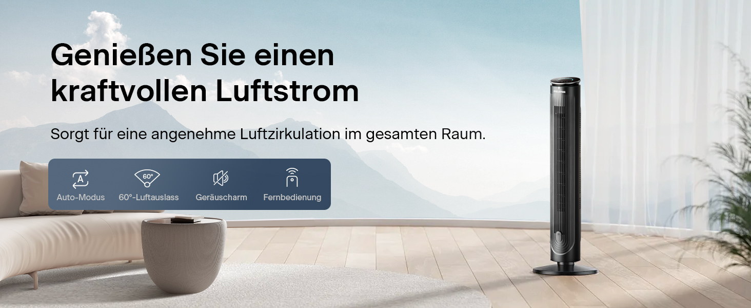 Турбовентилятор Pelonis Leiser - чорний, 106 см, 4.2 м/с, з пультом ДУ, 9-годинний таймер, 4 режими, 5 швидкостей, SMART-режим, LED-дисплей для спальні/офісу