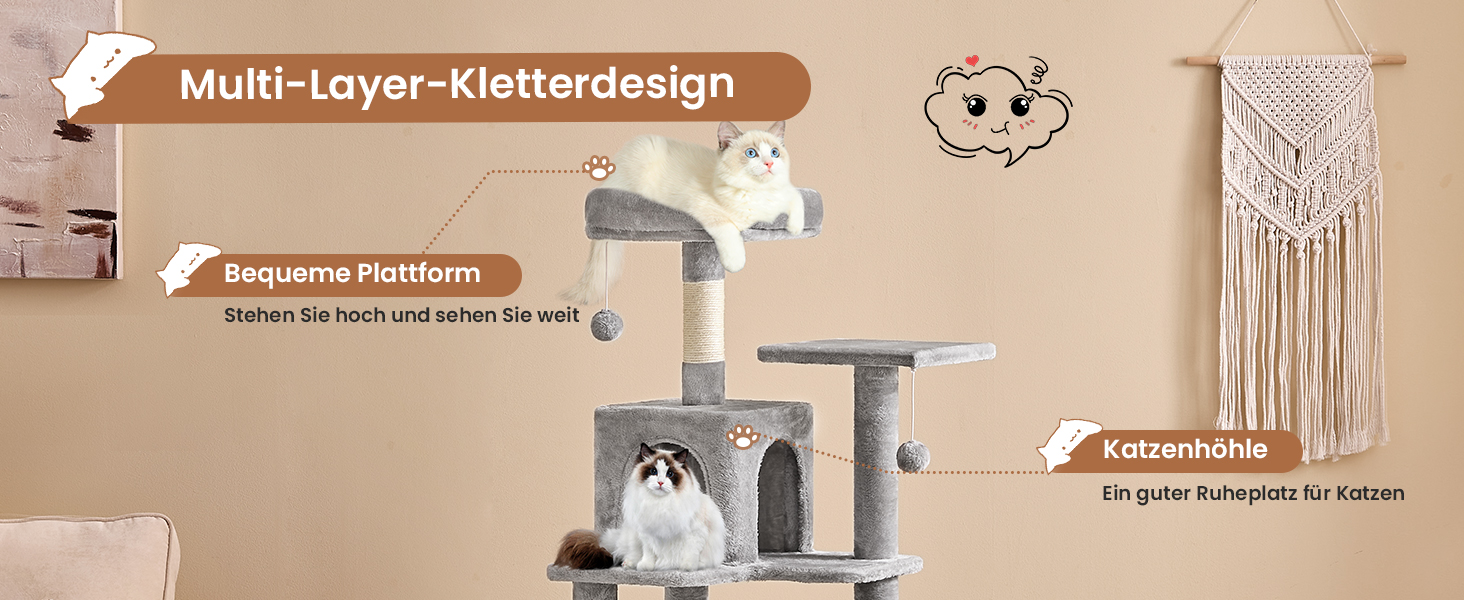 Кігтеточка для котів MSmask велика, багатоповерхова з платформами, гамаком та сизалевими стовпами (світло-сіра)