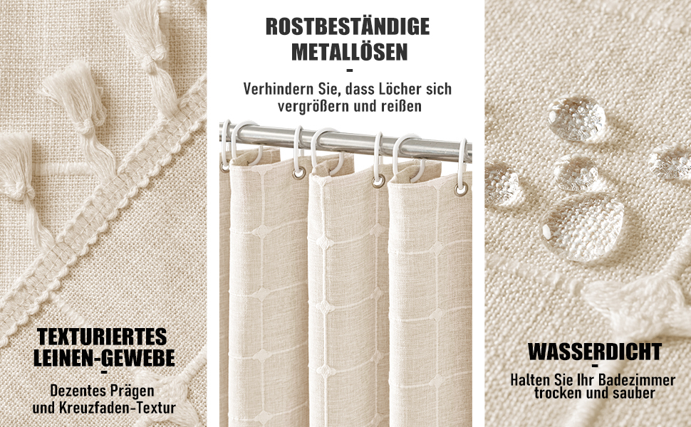 Шторка для душу BTTN 182x180 см, бохо-фермерський стиль, льонова тканина, з бахромою, водовідштовхувальна, з вантажами, комплект з 12 гачками, бежевий/кремовий, сітка