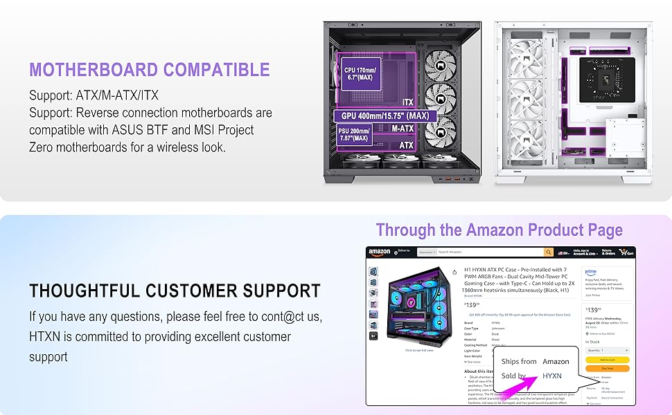 Корпус для ПК HYXN H1 ATX з 7 вентиляторами PWM ARGB, Mid Tower, Dual Chamber, Type-C, підтримка 3x360 мм кулерів (білий)