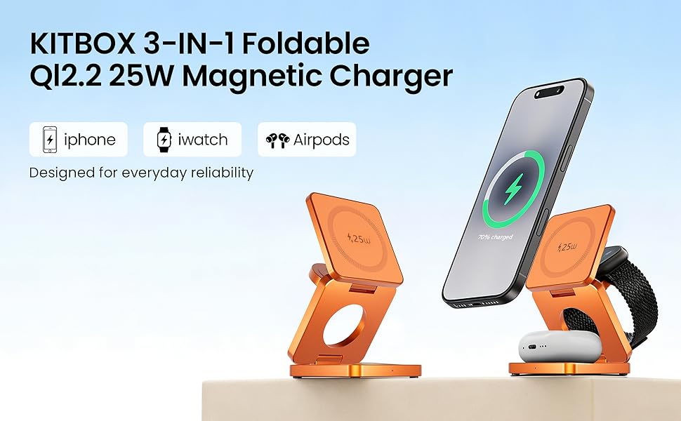 MagSafe зарядна станція 3-в-1: бездротовий зарядний пристрій 25W для iPhone 12-17, Apple Watch, AirPods (Qi, складна, помаранчева)