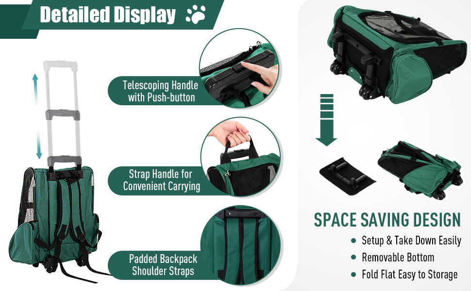 PawHut Рюкзак-переноска для собак та котів 2-в-1 з кишенями, телескопічною ручкою та колесами, 42 x 25 x 55 см, Зелений