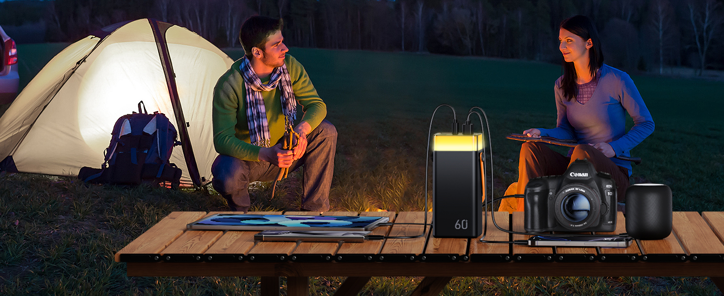 Power Bank 60000mAh 22.5W USB-C: Зовнішній акумулятор з LED-дисплеєм, 3 кабелями, 5 портами, для iPhone, Samsung, Android (Помаранчевий)
