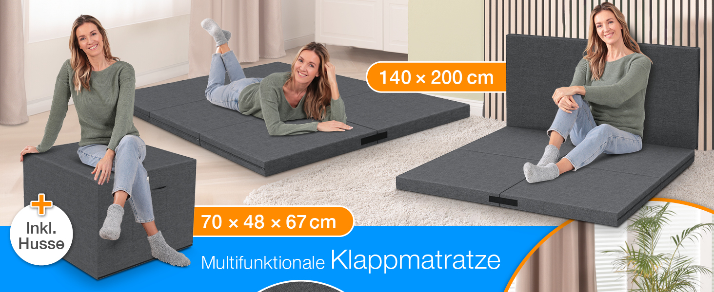 Складаний гостьовий матрац ELONEO maxVitalis 140x200 см з чохлом, висота 8 см, ортопедичний, розкладне ліжко для гостей і подорожей, знімний чохол, придатний для прання