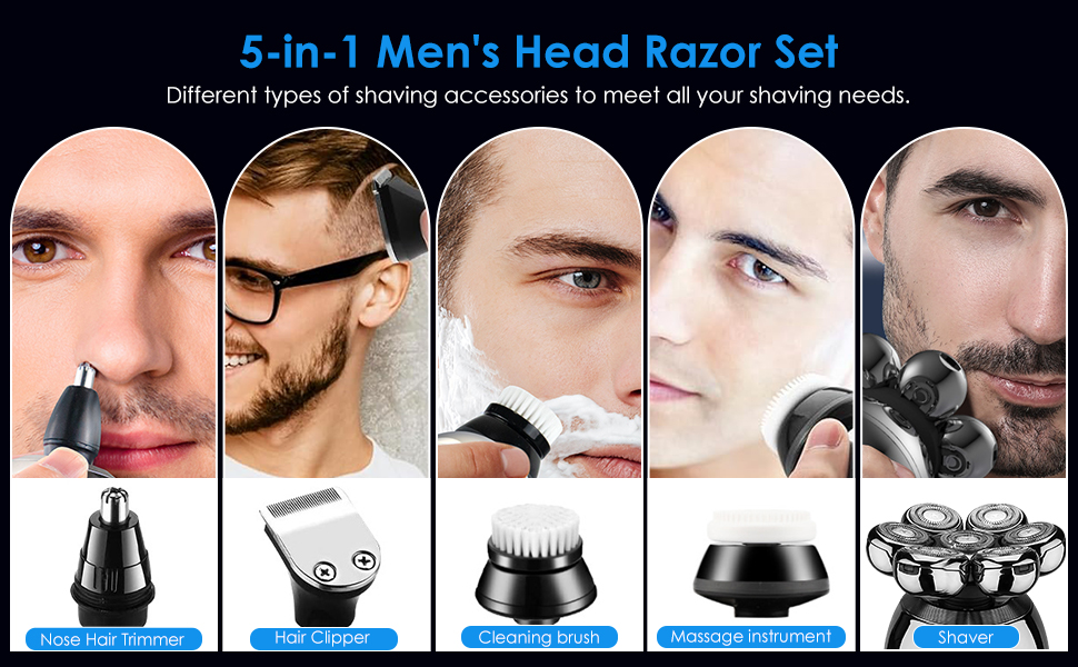 Електричний бритва для голови та бороди Glatzen 5-в-1 з 7 плаваючими головками, IPX6 водонепроникний, тример для носа та вух, LED-дисплей