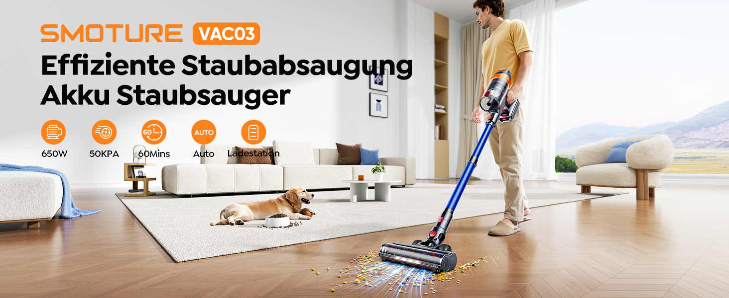 SMOTURE Бездротовий пилосос 650W, 50KPA, для видалення шерсті тварин, 60 хв роботи, самостійна підставка, зарядка на стіні, автоматичний режим для килима/підлоги