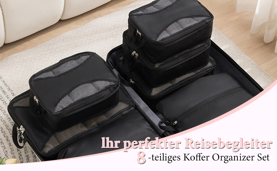 Органайзер для валізи KiwiPower, 8 шт. – комплект компресійних кубиків для одягу, чорний