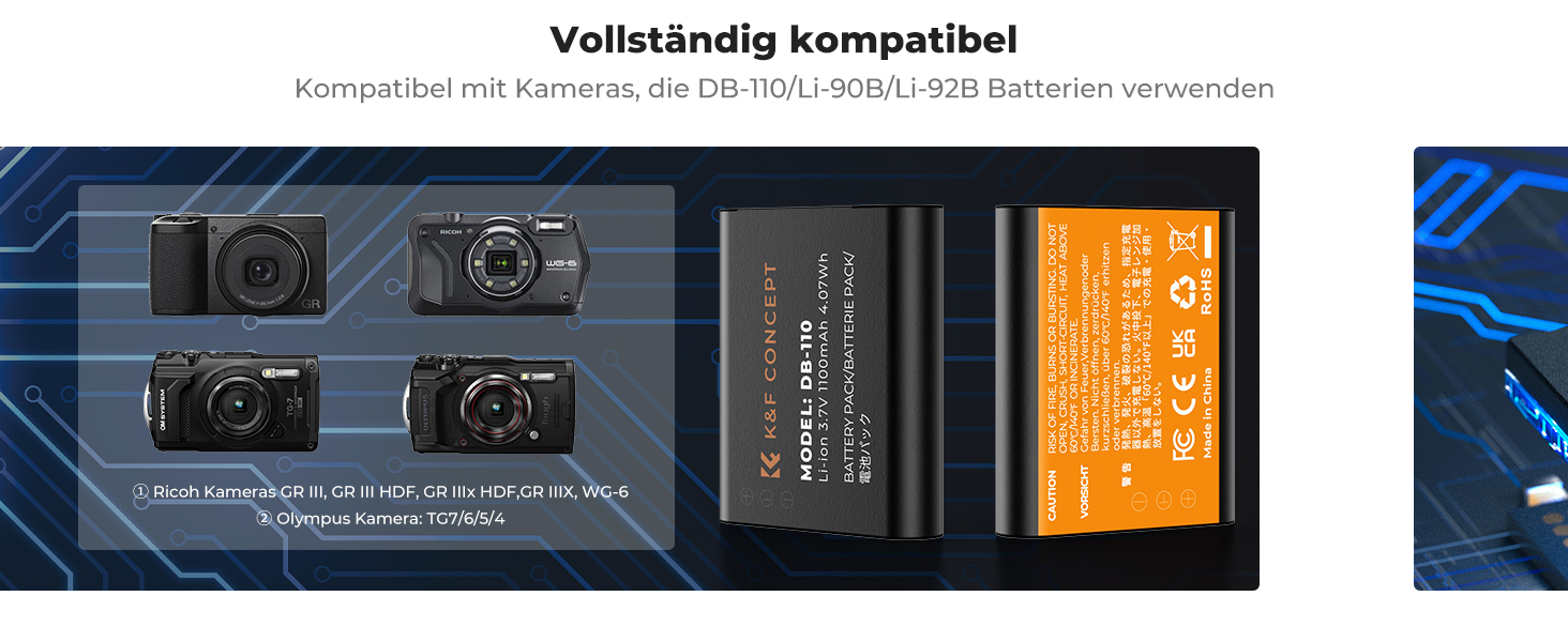 Акумулятор K&F CONCEPT DB-110 1100mAh 2 шт. з зарядним пристроєм Dual Slot, сумісний з Ricoh GR III, GR IIIx, Theta X, WG-6, G900 II, G900SE II, Olympus TG7/6/5/4