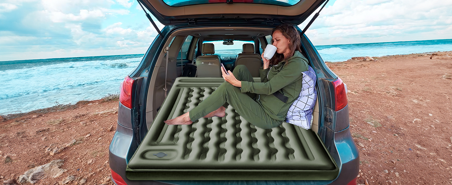 Airminti Self-Inflating Camping Mat - 12cm Thick, Lightweight Air Mattress with Foot Pump & Pillow - Outdoor Sleeping Pad for Camping, Trekking, Beach & Festival - Compact, Army Green (2 Person)