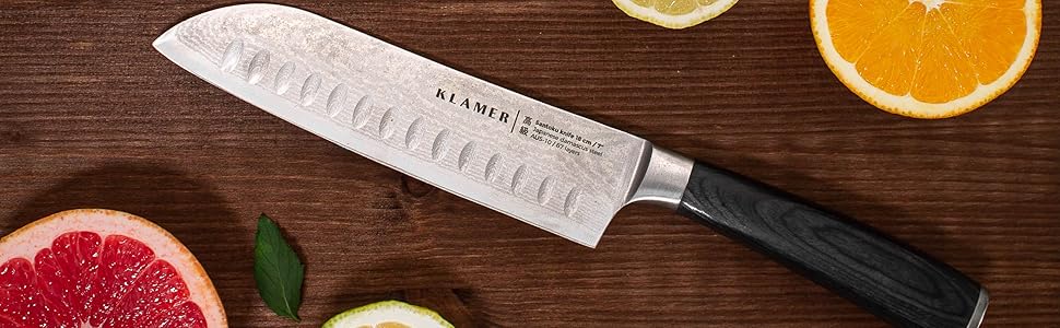 Японський ніж Santoku Premium з дамаської сталі Klamer, 18 см - класичний кухонний ніж з пакахвуду
