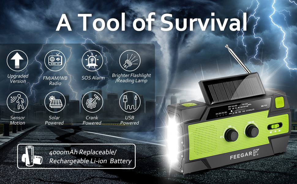 Радіо сонячне аварійне Feegar Oze 2 Pro з ручним заводом, AM/FM, ліхтарик LED, SOS, Powerbank 4000mAh