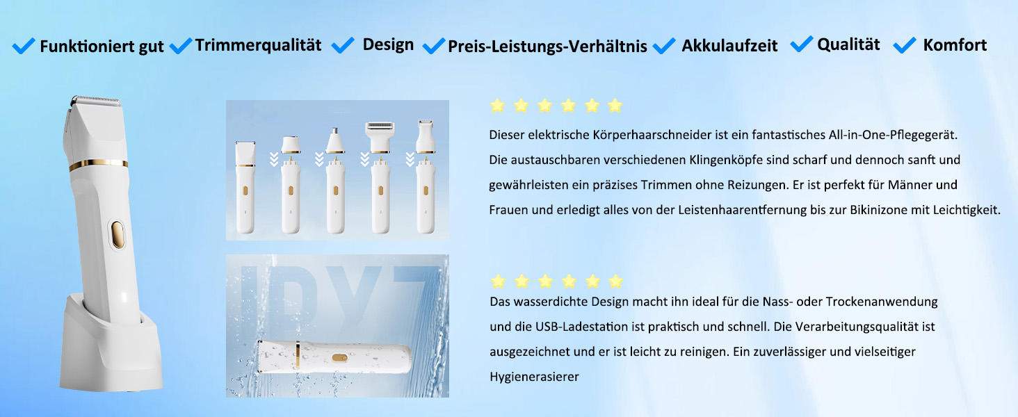 Електричний жіночий тример Jianyana 5-в-1 для тіла та обличчя, водонепроникний IPX7, для ніг, обличчя, пахв, носа та брів. Змінні насадки.