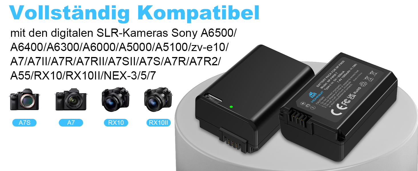 Набір акумуляторів NP-FW50 1300mAh 2 шт. та зарядний пристрій LCD для Sony ZV-E10, A6000, A6300, A6400, A6500, A5100, A5000, A7, A7II, A7R, A7RII, A7SII, 7RM2, 7SM2, 7M2, A55, RX10 II III IV, NEX-3/5/6/7, NEX-F3