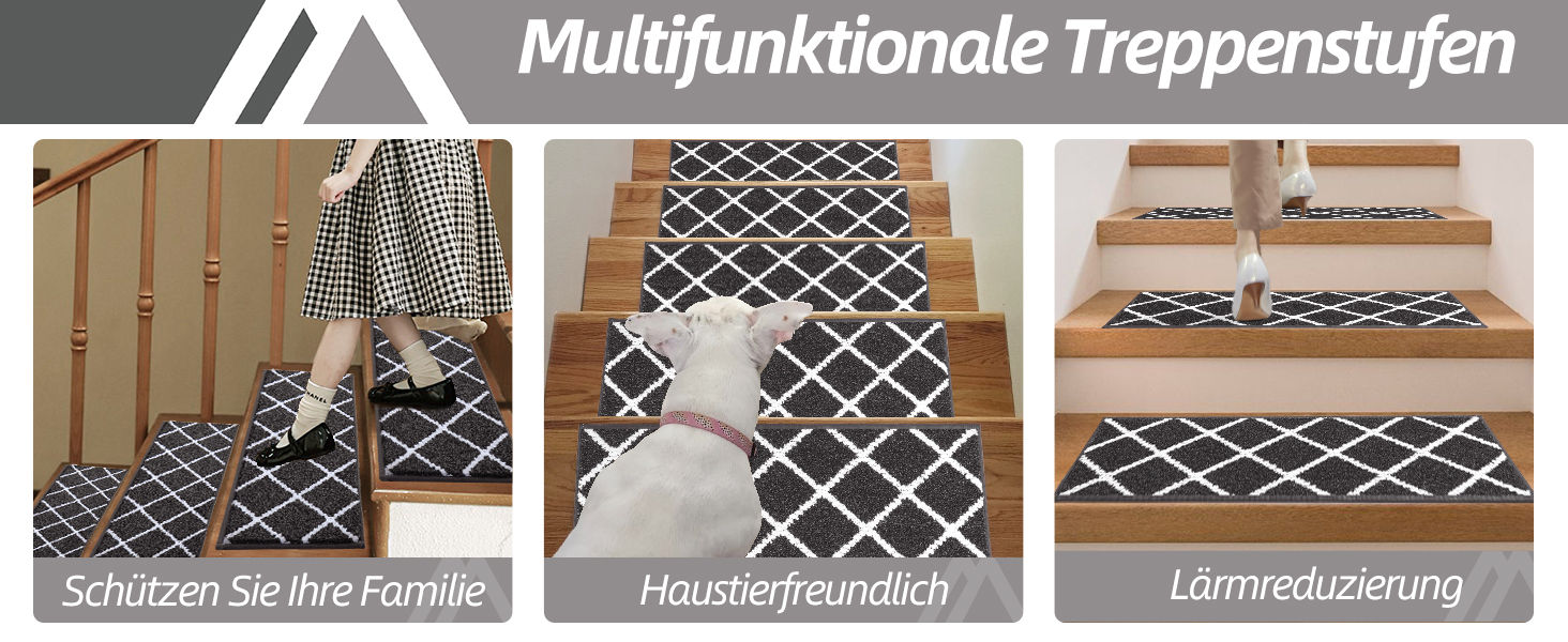 Комплект килимків для сходів COSY HOMEER (15 шт.), 70 x 22 см, антиковзаючі, самоклеючі, машинне прання, 100% поліестер, TPE-підкладка, для дітей, літніх людей та домашніх тварин, чорно-білі