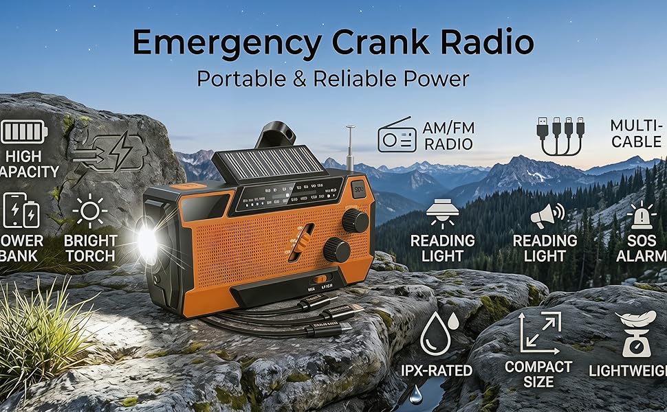 Радіо на батарейках/сонячній енергії з ручним генератором, Power Bank 2000mAh, AM/FM, SOS-сигнал, ліхтарик для кемпінгу та дому
