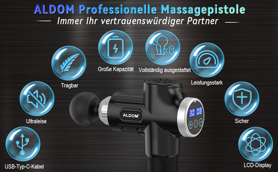 ALDOM Massage Gun - Electric Muscle Massager with 30 Speed Settings & 8 Attachments - for Men & Women