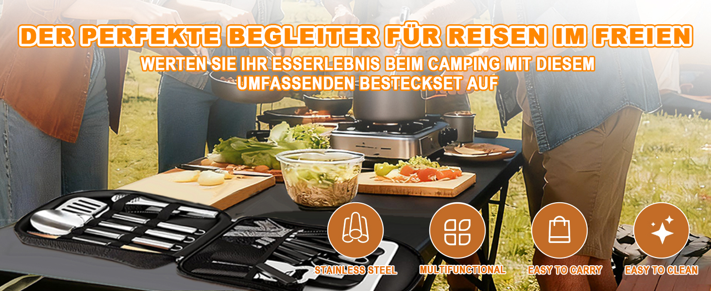 Набір кухонного приладдя для кемпінгу TIHOOK 36 шт. з нержавіючої сталі, з органайзером та 10 шампурами для гриля, для пікніків, походів та кемпінгу