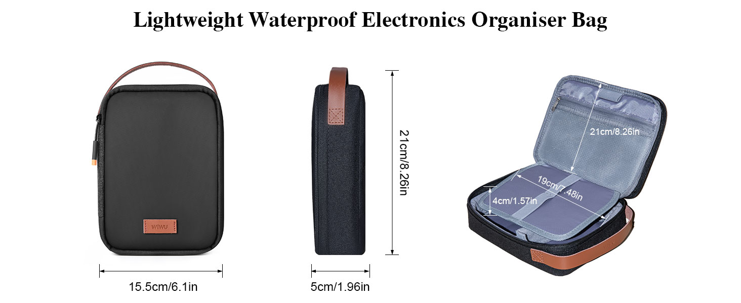 Органайзер для кабелів WIWU з ручкою, велика місткість, чорний. Для аксесуарів, техніки, зарядних пристроїв, повербанків, жорстких дисків. Регульовані перегородки, портативний, для подорожей, офісу, школи.