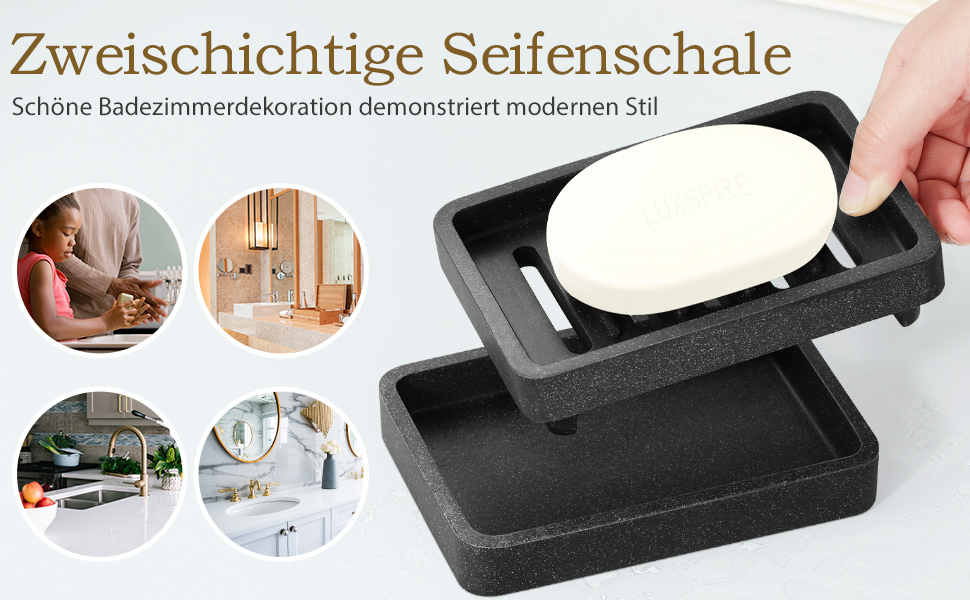 Підставка для мила Luxspire з двошаровим покриттям, чорний колір, з текстурою гальки, швидковисихаюча, для кухні, ванної кімнати, душу