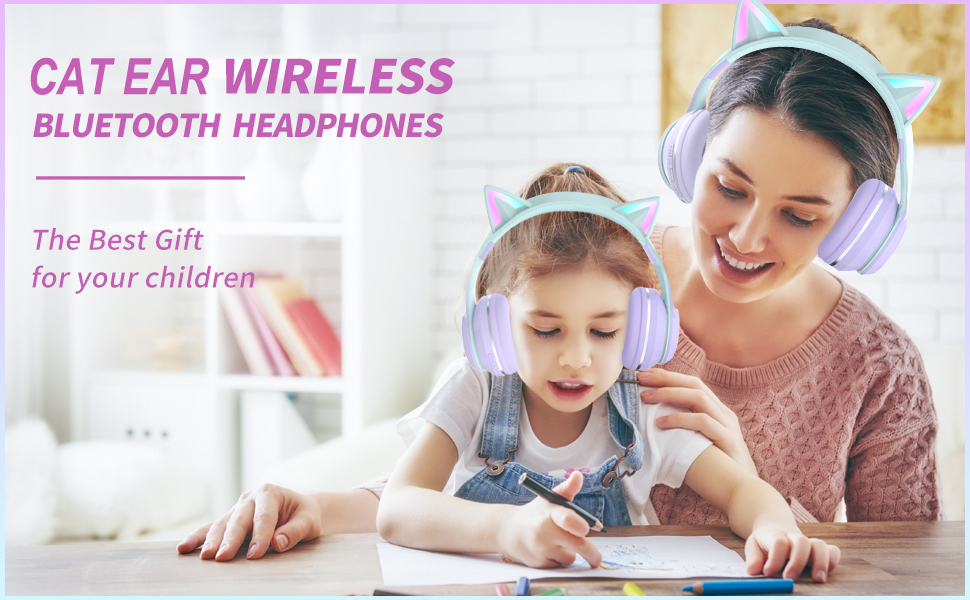 Бездротові навушники Bluetooth для дітей з LED-підсвіткою, котячими вушками та мікрофоном, HD Stereo, складна конструкція, регульоване наголов'я, для дівчаток, фіолетовий колір