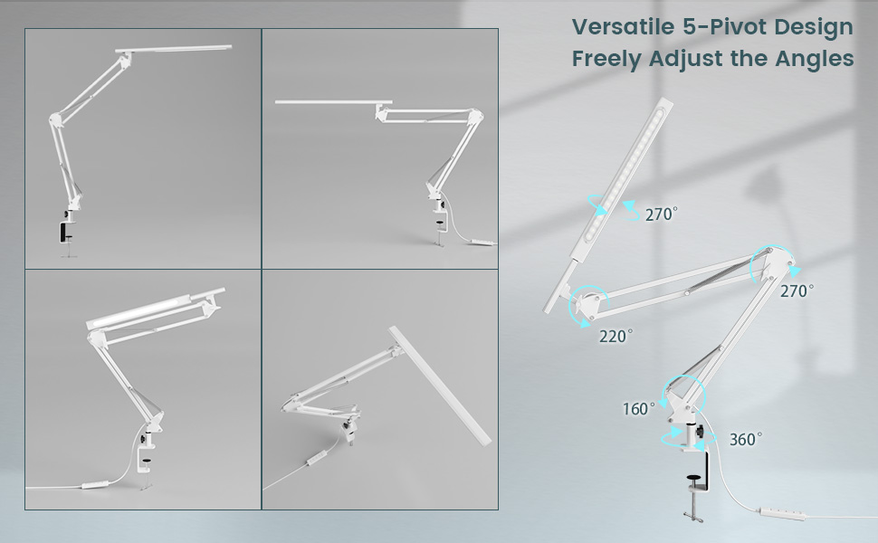 Лампа для робочого столу в офіс, кріпиться на стіл, архітекторська лампа з адаптером QC3.0, лінза Френеля, 5 режимів кольору та регулювання яскравості, лампа-прищіпка з функцією пам'яті, біле освітлення