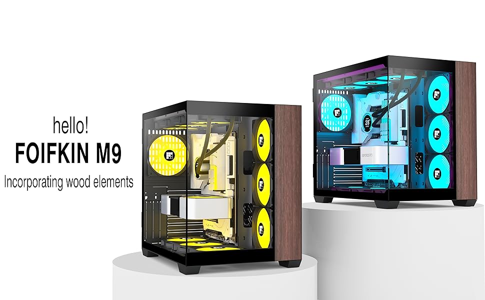 Корпус ПК FOIFKIN M9 з дерев'яною передньою панеллю з горіха, 3 вентилятори PWM ARGB, ATX Mid-Tower для геймінгу, 270° панорамне скло, порт Type-C (Чорний, M9)