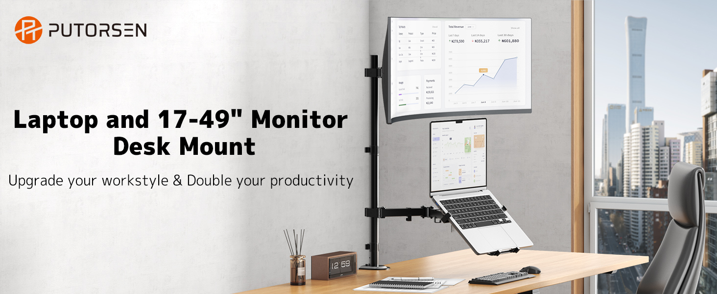 Кріплення для монітора PUTORSEN з регульованою по висоті та поворотною платформою для моніторів 17-49 дюймів та ноутбуків до 18 дюймів, VESA 75/100 мм, 81.8 см
