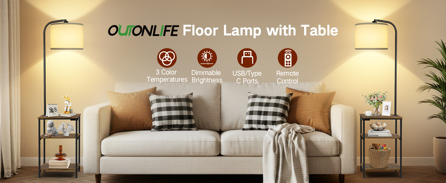 Стійка лампа для вітальні з поличкою та столом, регульована LED лампа з пультом, 3 колірні температури, приліжний столик з функцією зарядки та полицею, дерев'яний столик для спальні, офісу, коричневий в стилі рустік