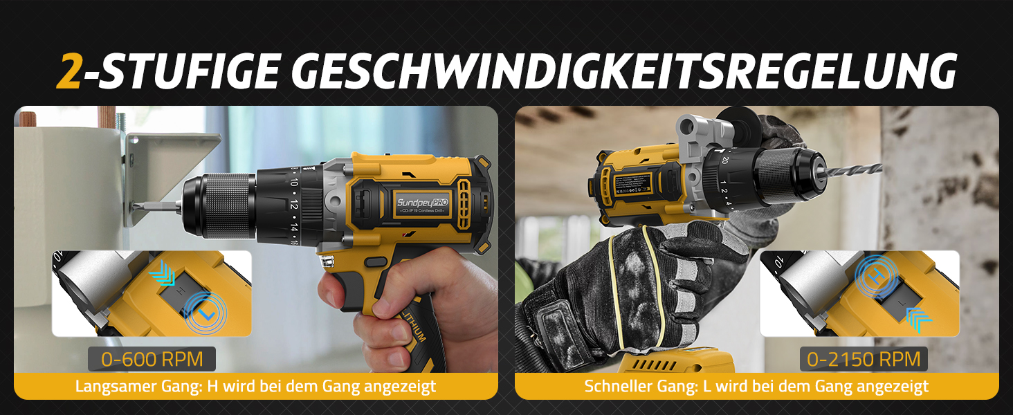 Акумуляторний дриль-шурупокрут SundpeyPRO 21V з ударною функцією, 120 Nm, 2 x 4000mAh, 20+3 ступені крутного моменту, 13 мм патрон, 2 швидкості, LED