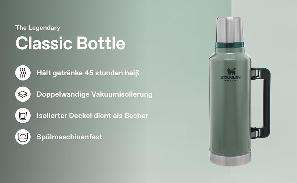 Термос Stanley Classic Legendary, 1900 мл, зелений: нержавіюча сталь, BPA-Free, для гарячих та холодних напоїв